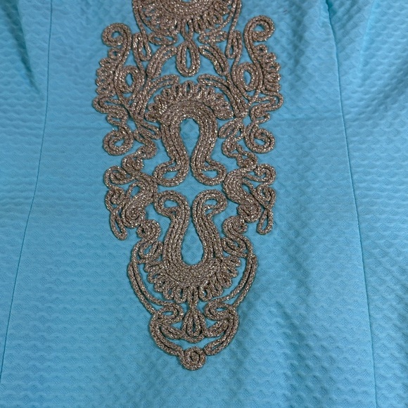 Aqua Sleeveless Dress with Gold Embroidered V-Neck - Picture 5 of 8